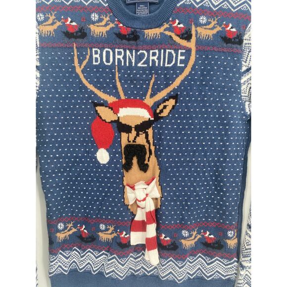 American Rag Mustache Reindeer Ugly Christmas Sweater Born2Ride Blue Small - Picture 2 of 8